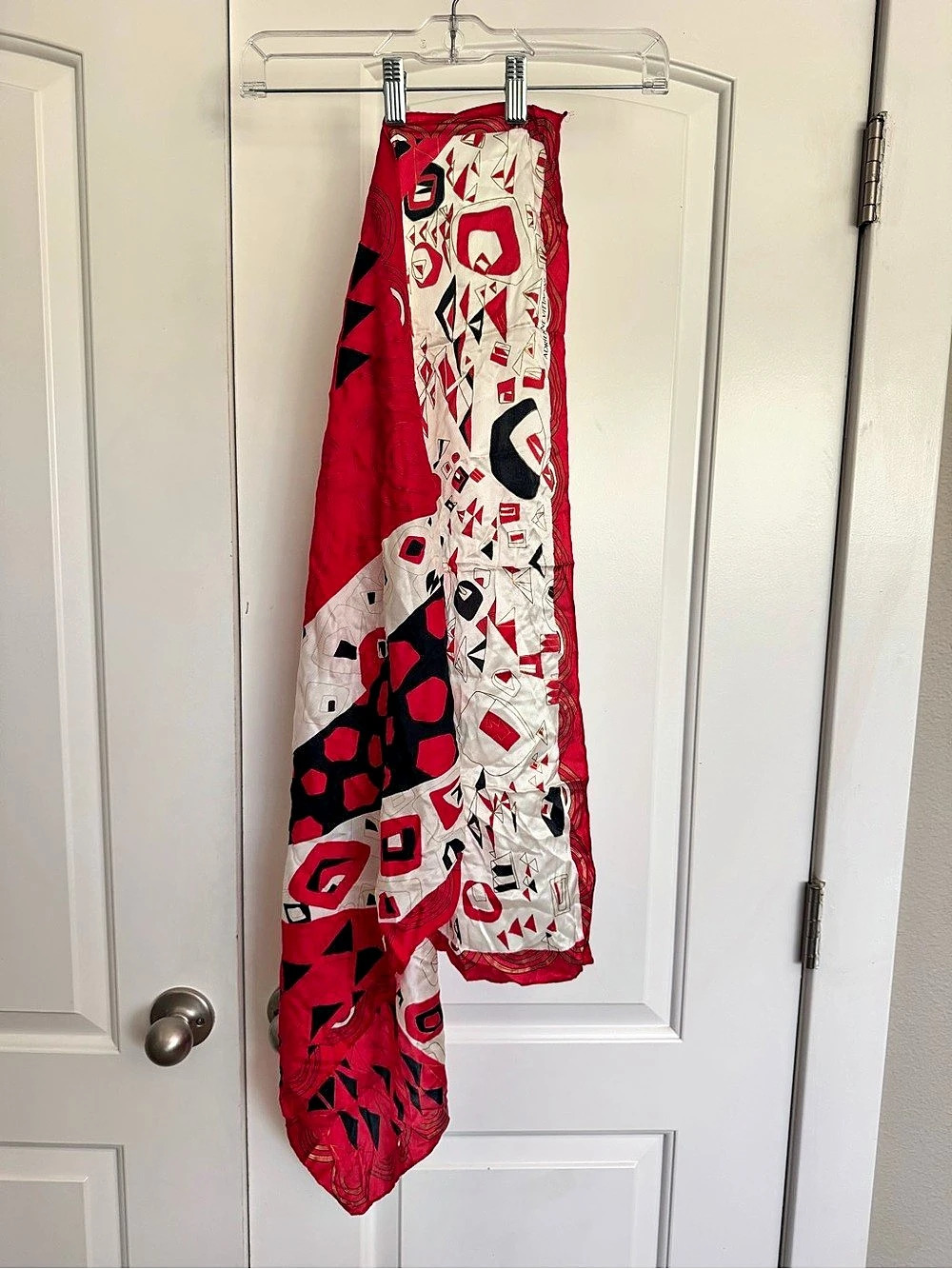Vintage Adrienne Vittadini Silk Geometric Print Scarf in Red & White
